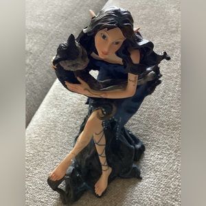 Vintage Blue Pixie with cat statue
